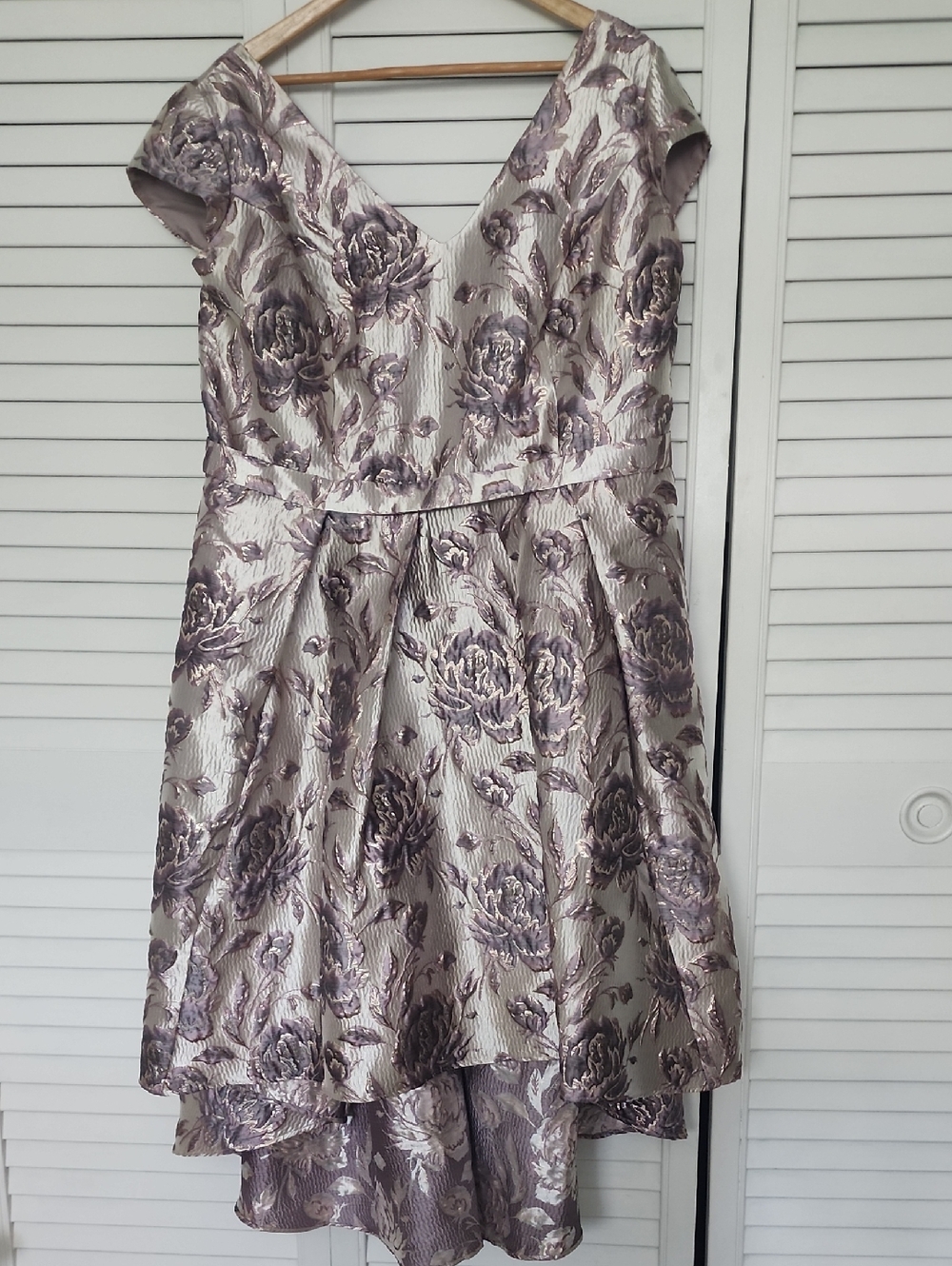 Oleg Cassini Ivory and Lavender High-Low Floral Fit-and-Flare Dress